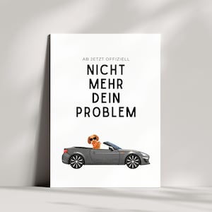 Op de afbeelding: Een print met de Duitse tekst "AB JETZT OFFZIELL NICHT MEHR DEIN PROBLEM" boven een cartoonafbeelding van een grijze cabriolet met een hond met een zonnebril. De hond zit achter het stuur.