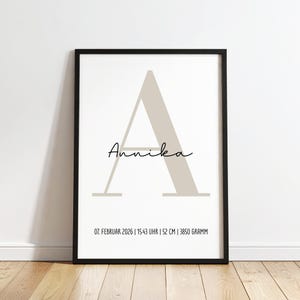 Könnte beinhalten: Gerahmter Druck mit einem großen, hellbeigen Buchstaben "A" und dem Namen "Annika" in Schreibschrift. Der Druck enthält Datum, Uhrzeit und Maße: 52 cm und 3850 Gramm. Der Rahmen ist schwarz.
