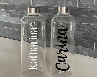 Personalisierte 1 Liter Glas Flasche Wasserflasche Glasflasche Edelstahl Deckel mit Name