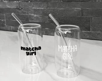 Matcha Girl drinkglas met glazen rietje, glazen beker, blikbeker, blikglas, ijskoude matcha latte, 500 ml glas, cadeau voor vriendin