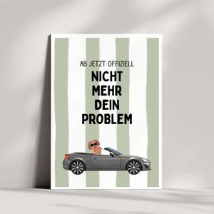 Könnte beinhalten: Ein vertikales rechteckiges Poster mit salbeigrünen und weißen vertikalen Streifen. Der Text lautet AB JETZT OFFIZIELL NICHT MEHR DEIN PROBLEM. Unter dem Text befindet sich eine Illustration eines braunen Hundes mit Sonnenbrille in einem grauen Cabrio.