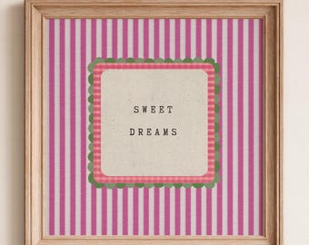 Impresión "Dulce Sueño": Arte mural de rayas rosas, arte de cuadros vichy vintage, póster tipográfico retro, decoración de habitaciones estilo cottagecore, descarga digital