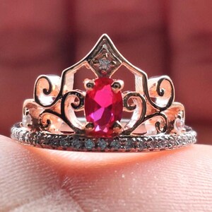 crown-style inspired Oval Rhodolite Garnet Engagement Ring: Two-Tone 925 925 Sterling Silver Tiara Ring, Lab Diamond Accent