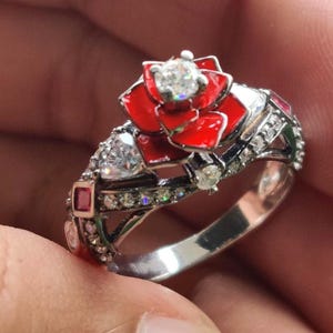 Handmade Sterling Silver Red Rose Ring: Ruby & Moissanite Diamond Floral Promise Ring