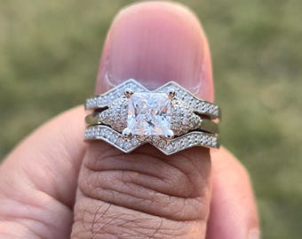 Princess Cut Moissanite Gothic Two Skull Women's Ring Set: 925 Sterling Silver Geeky Wedding Ring Set, Nerdy Skull Trio Engagement Ring Set