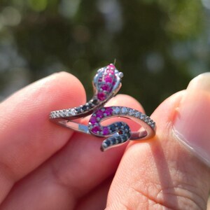 Unique Silver Snake Ring for Women, Ruby & Black CZ Diamond Serpent Wrap Ring, Gothic Jewelry, Snake Band Ring, Edgy Statement Gift for Her