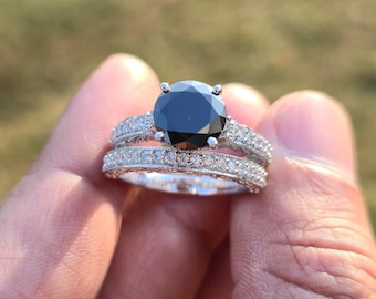3.00 Carat Round Cut Black Moissanite Engagement Ring Set: 10K White Gold, 925 Sterling Silver 2 Piece Bridal Ring, Gothic Wedding  Ring Set