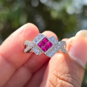 Art Deco Unique Pink Princess Cut Ruby Anniversary Ring: Criss Cross Style Cocktail 925 Sterling Silver Engagement Ring, Bridal Wedding Ring
