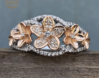 Floral Art Deco Round Cut VVS1 Moissanite Women Anniversary Ring: Two-Tone 14K Gold Moana Hawaiian four Plumeria Flower Ring, Propose Ring