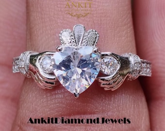 Sterling Silver Claddagh Engagement Ring: 1.50 CT Heart Cut Moissanite Promise Ring