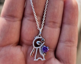 Personalized Lilo & Stitch Pendant – Heart Amethyst CZ Sterling Silver Necklace