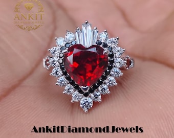 Red Garnet Heart Ring: Double Halo 925 Sterling Silver Engagement Ring