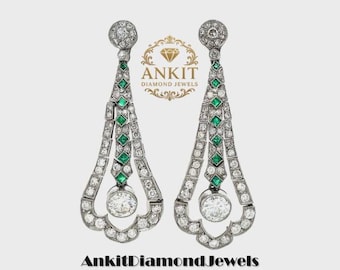 1920s Style Art Deco Green Emerald & Moissanite Drop-Dangle Earrings: 925 Sterling Silver Bridal Gift