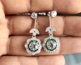 1920s Style Art Deco Green Emerald & Moissanite Drop-Dangle Earrings: 925 Sterling Silver Bridal Gift, Edwardian Anniversary Gift For Wife