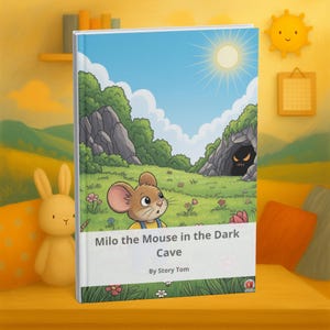 May include: A children's book titled "Milo the Mouse in the Dark Cave" with a colorful illustration of a mouse, a cave, and a sunny sky. The book cover features the author's name, Story Tom, and a cartoon sun and bunny.