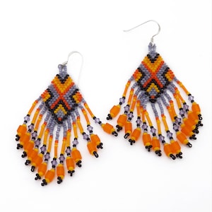 Fringed Seed Bead Earrings, Orange and Purple Fringe Seed Bead Earrings, Woven Fringe Earrings, Geometric Pattern Seed Bead Earrings, Gift
