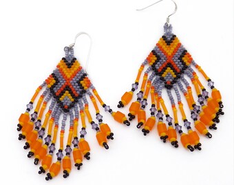 Fringed Seed Bead Earrings, Orange and Purple Fringe Seed Bead Earrings, Woven Fringe Earrings, Geometric Pattern Seed Bead Earrings, Gift