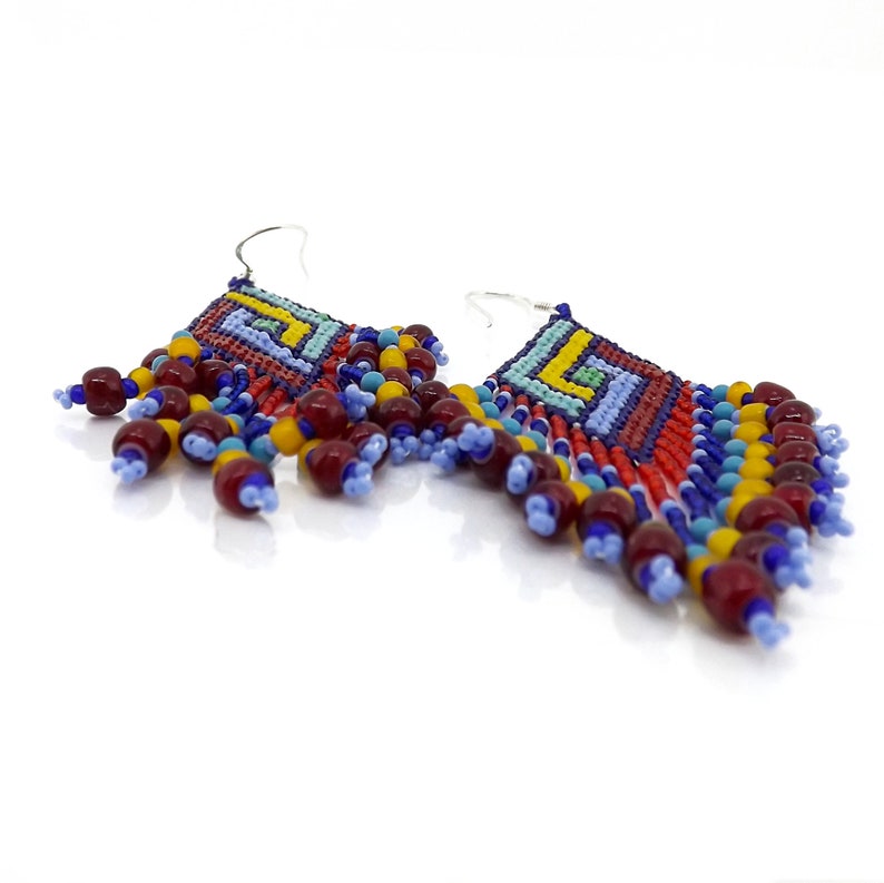 Long Fringed Seed Bead Earrings, Colorful Seed Bead Earrings, Red Yellow Blue Seed Bead Earrings, Geometric Woven Bead Earrings image 3