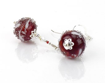 Red and White Round Lampwork Glass Earrings, Sugar Bead Dangle Earrings, Christmas Holiday Earrings, Winter Red Earrings Birthday Gift