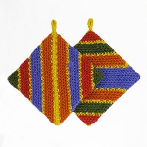 May include: Two colourful striped knitted pot holders in orange, yellow, green, blue and red.