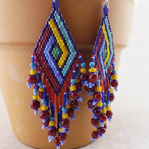 Long Fringed Seed Bead Earrings, Colorful Seed Bead Earrings, Red Yellow Blue Seed Bead Earrings, Geometric Woven Bead Earrings image 5