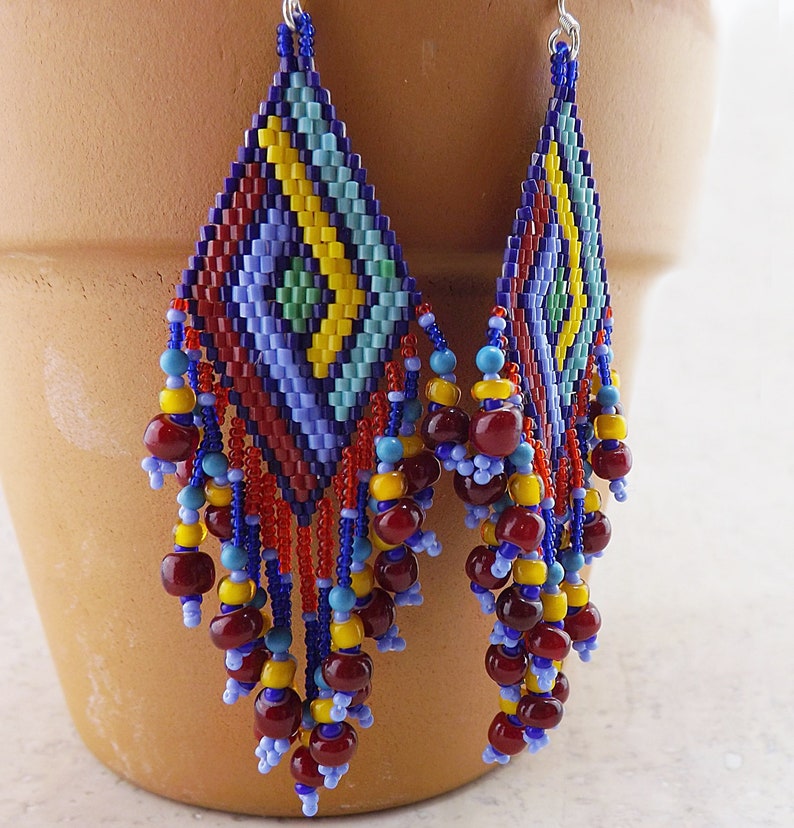 Long Fringed Seed Bead Earrings, Colorful Seed Bead Earrings, Red Yellow Blue Seed Bead Earrings, Geometric Woven Bead Earrings image 5