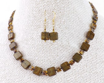 Brown Glass Bead Necklace Set, Hand Knotted Picasso Bead Necklace and Earrings, Fall Colors Necklace Gift Set, Glass Square Bead Necklace