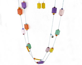 Colorful Boho Wrap Necklace Set, 90 Inch Necklace, Lucite and Glass Bead Necklace, Chunk Funky Necklace, Rainbow Beaded Long Necklace