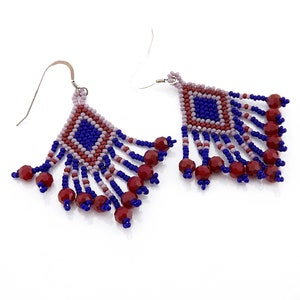 Small Seed Bead Earrings, Bead Fringed Earrings, Blue and Red Seed Bead Earrings, Diamond Pattern Bead Earrings, Faceted Seed Bead Earrings