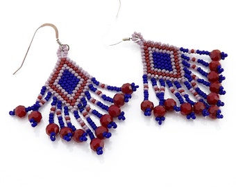 Small Seed Bead Earrings, Bead Fringed Earrings, Blue and Red Seed Bead Earrings, Diamond Pattern Bead Earrings, Faceted Seed Bead Earrings
