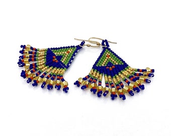 Fringed Seed Bead Earrings, Blue Green Red and Gold Earrings, Delica Earrings, Geometric Seed Bead Earrings, Handwoven Seed Bead Earrings