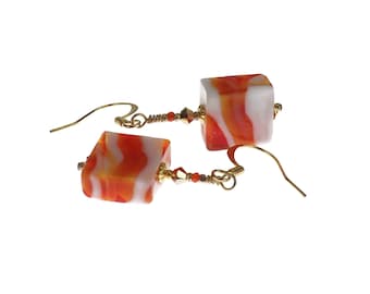 Orange and White Glass Bead Dangle Earrings, Seasonal Fall Drop Earrings, Marbled Glass Dangles, Square Swirled Glass Earrings Gift