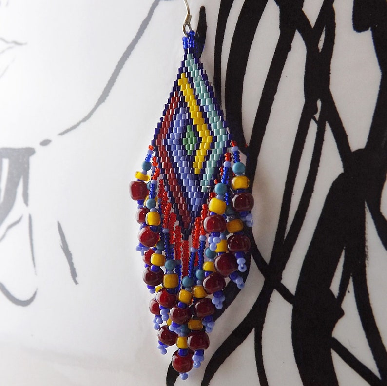 Long Fringed Seed Bead Earrings, Colorful Seed Bead Earrings, Red Yellow Blue Seed Bead Earrings, Geometric Woven Bead Earrings image 8