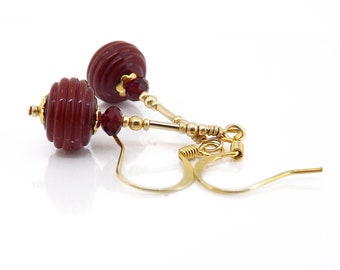 Dark Red Lampwork Earrings, Garnet Red Glass Dangles, Ribbed Bead Earrings, Red and Gold Drop Earrings, Dark Red Glass Dangly Earrings Gift