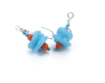 Pastel Blue Glass Bead Dangle Earrings, Small Lampwork Earrings, Artisan Swirl Bead Dangles, Boho Earrings Gift for Adults and Children