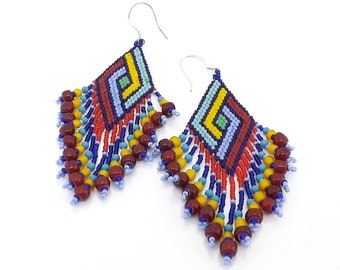 Long Fringed Seed Bead Earrings, Colorful Seed Bead Earrings, Red Yellow Blue Seed Bead Earrings, Geometric Woven Bead Earrings