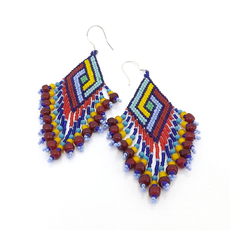 Long Fringed Seed Bead Earrings, Colorful Seed Bead Earrings, Red Yellow Blue Seed Bead Earrings, Geometric Woven Bead Earrings imagem 1