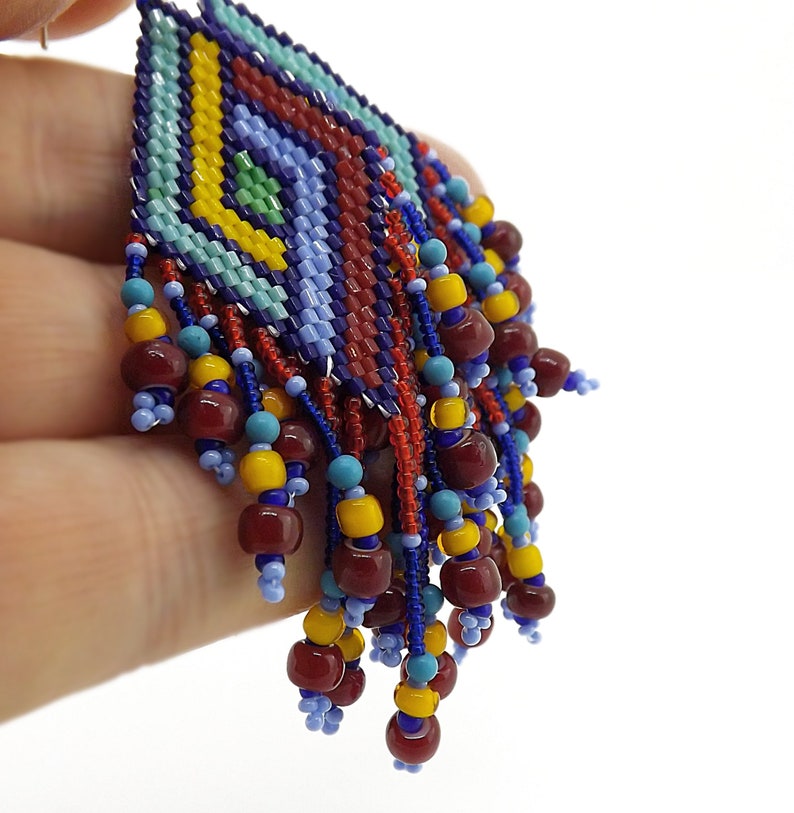 Long Fringed Seed Bead Earrings, Colorful Seed Bead Earrings, Red Yellow Blue Seed Bead Earrings, Geometric Woven Bead Earrings image 4