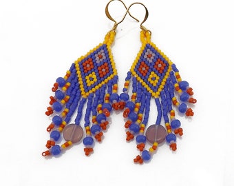 Geometric Seed Bead Earrings, Blue and Yellow Bead Fringed Earrings, Delica Brick Stitch Earrings, Diamond Seed Bead Dangles, Long Earrings