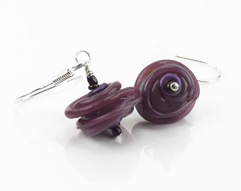 Small Purple Glass Bead Dangle Earrings, Lampwork Swirled Glass Drop Earrings, Purple Boho Dangle Earrings Gift for Adults and Children
