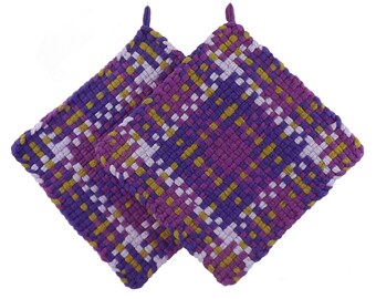 Harvest Gold and Purples 100% Cotton Woven Pot Holder Gift Set, 8 1/4 Inch Square Retro Kitchen Potholders, Harvest Gold Kitchen Hot Pads