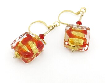 Red and Gold Murano Earrings, Red Striped Drop Earrings, Murano Square Earrings, Italian Glass Dangly Earrings, Square Glass Bead Earrings