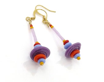 Colorful Glass Bead Earrings, Spinning Top Earrings, Purple Red Blue and Yellow Earrings, Bright Boho Earrings, Glass Swirl Bead Earrings