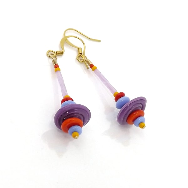 Colorful Glass Bead Earrings, Spinning Top Earrings, Purple Red Blue and Yellow Earrings, Bright Boho Earrings, Glass Swirl Bead Earrings