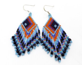 Fringed Seed Bead Earrings, Geometrical Fringed Earrings, Colorful Seed Bead Earrings, Crystal Fringe Earrings, Diamond Pattern Earrings