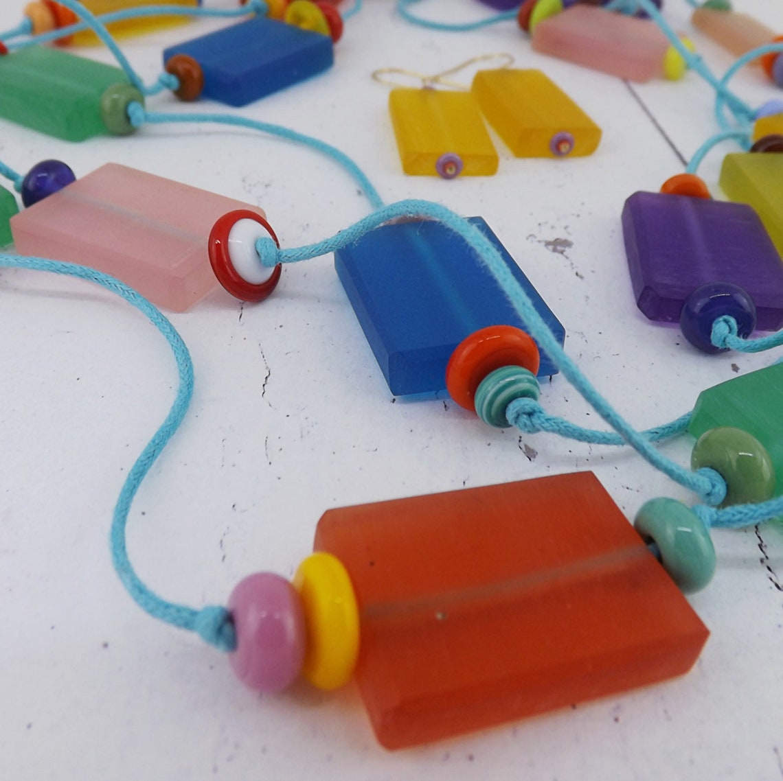 Colorful Boho Wrap Necklace Set, 90 Inch Necklace, Lucite and Glass