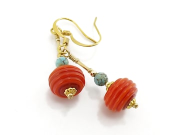 Coral Glass and Turquoise Stone Drop Earrings, Round Glass Bead Earrings with Gold and Turquoise, Southwest Colors Jewelry Earrings Gift