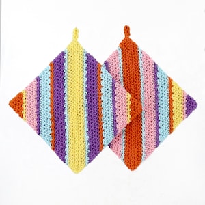 100% Cotton Potholder Set, Large 7 Inch Square Bright Colors Kitchen Potholders, Double Thick Crocheted Striped Potholder Kitchen Gift Set
