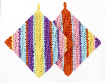 100% Cotton Potholder Set, Large 7 Inch Square Bright Colors Kitchen Potholders, Double Thick Crocheted Striped Potholder Kitchen Gift Set
