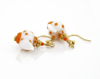 Teapot Earrings, White and Orange Glass Bead Earrings, Teapot Jewelry, Miniature Teapots, Miniature Glass Teapots, Food Bead Earrings, Gift